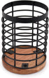 Black Iron Kitchen Utensil Holder with Acacia Wooden Base Round Flatware Storage for Countertop (4.5" x 4.5" x 6")