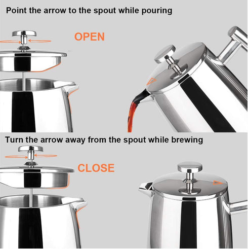 34-Ounce, 304 Secura French Press Coffee Maker, Stainless Steel Insulated Coffee Press with Extra Screen