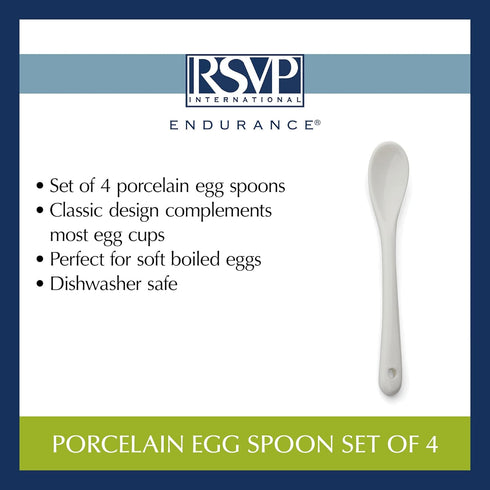 RSVP International Poached Egg Spoon, 4 Piece Set for Jam, Honey or Soft Boiled Eggs, 5.5" Length, White Porcelain