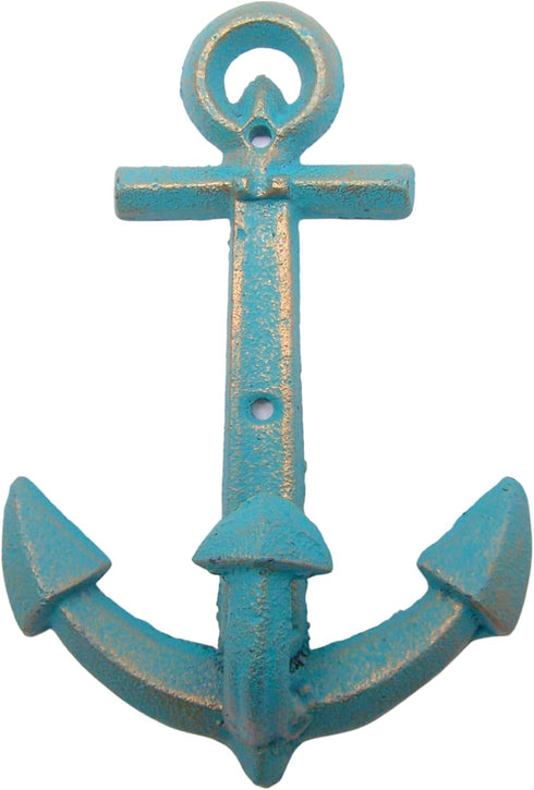 Distressed Blue and Green Anchor Wall Hooks, Set of 2, Nautical Decor, Coastal Interior Design, 7.5 Inches