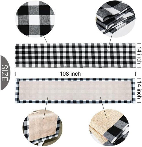 Senneny Christmas Large Table Runner 14 x 108 Inch, Burlap & Cotton Black White Plaid Reversible Buffalo Check for Decor