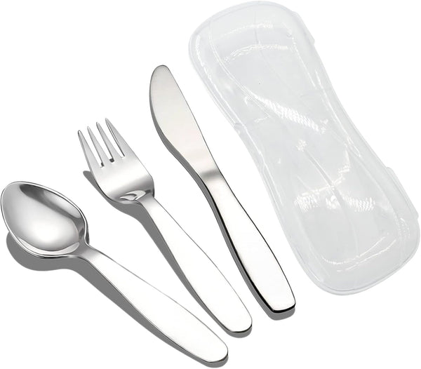 VANRA 3 Pieces Children Fork Spoon Knife Set with Travel Case, 18/8 Stainless Steel Kids Silverware for School