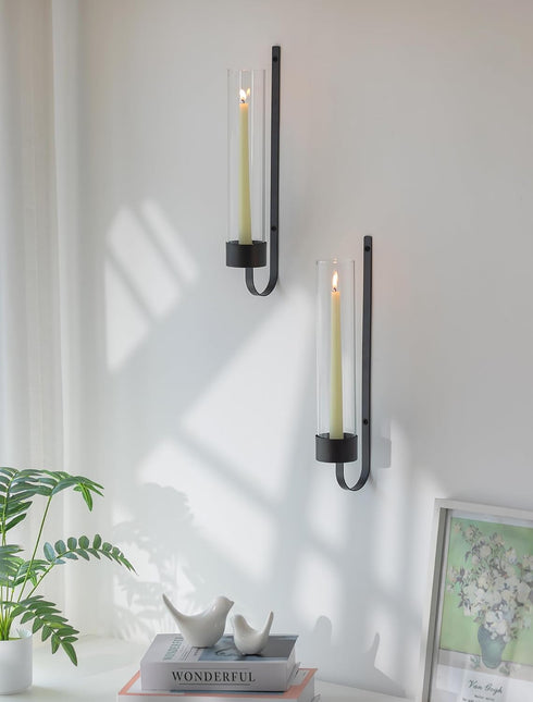 Set 2 Sziqiqi Black Wall Candle Holders: Metal Candle Sconces for Taper of Modern Wall Mounted Candlestick Holder