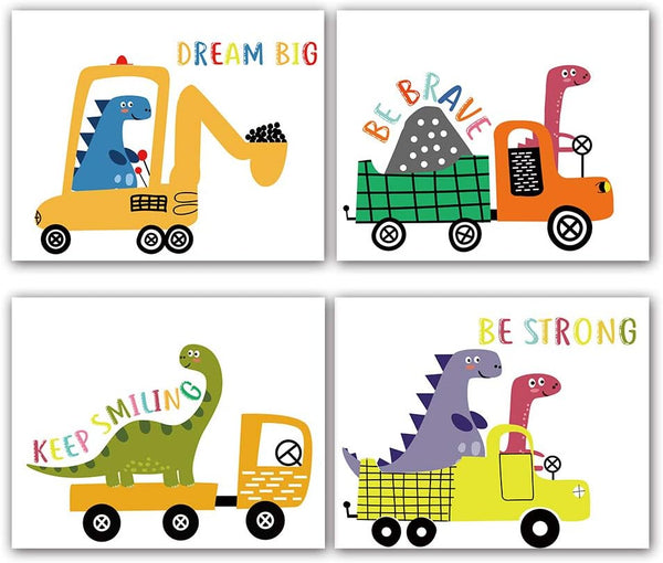 Funny Colorful Cute Dinosaur Truck Inspirational Quotes Art Print, Humorous Wall Art Canvas Poster for Boy Room Decor