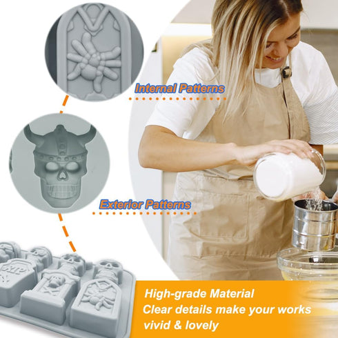 Halloween Chocolate Mold Silicone, 2pcs Skull and Tombstone Cavity Candy Gummy Mold for Baking Desserts