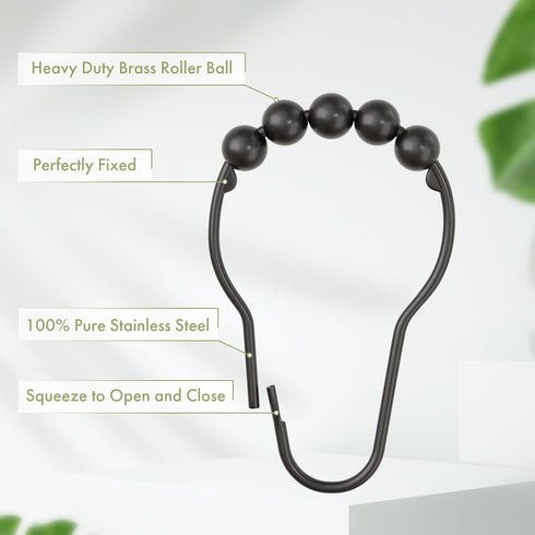 Black Shower Curtain Hooks, Amazer Decorative Rust Proof Stainless Steel Shower Curtain Hooks, Set of 12