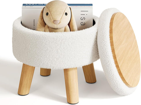 WBKATN Small Ottoman Footrest, White Boucle Foot Stool, Round Pouf Ottoman with Storage,