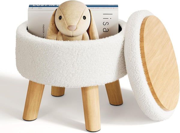 WBKATN Small Ottoman Footrest, White Boucle Foot Stool, Round Pouf Ottoman with Storage,