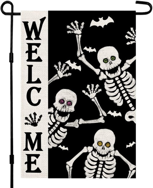 Welcome Halloween Skull Small Garden Flag, Vertical Double Sided Burlap 12 x 18 Inches Outdoor Decor