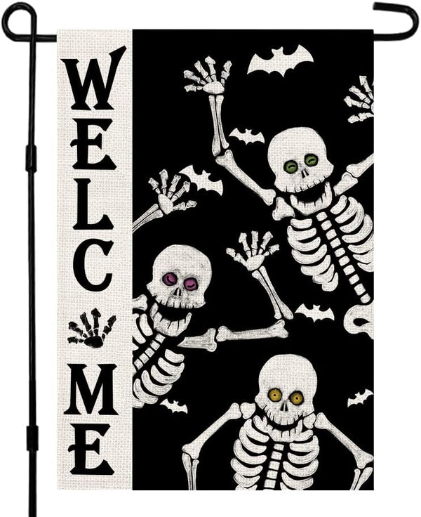 Welcome Halloween Skull Small Garden Flag, Vertical Double Sided Burlap 12 x 18 Inches Outdoor Decor