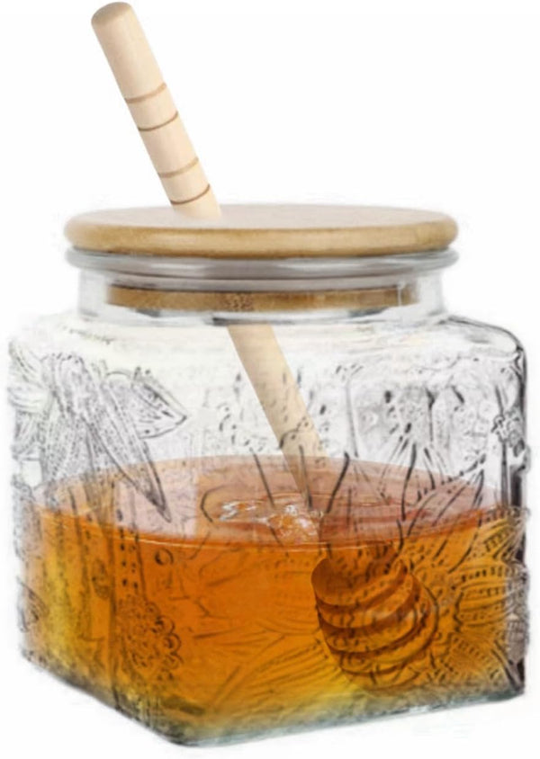 Honey Pot, Airtight Glass Honey Jar with Bamboo Lid and Dipper Stick, 17oz Square Sunflower Container for Home