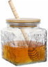 Honey Pot, Airtight Glass Honey Jar with Bamboo Lid and Dipper Stick, 17oz Square Sunflower Container for Home