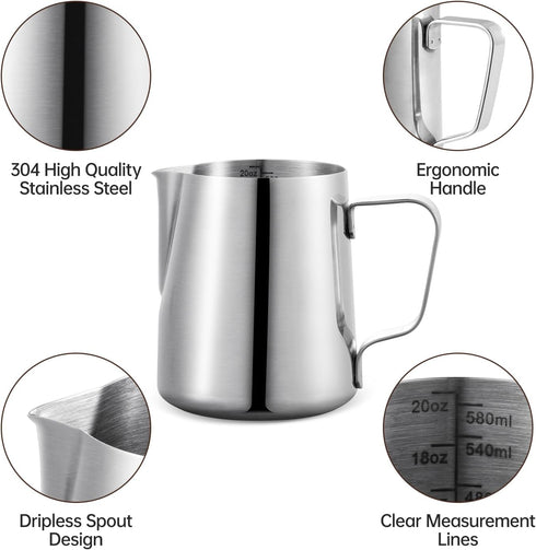 Neretva 20 oz Milk Frothing Pitcher, Stainless Steel Steaming Jug for Latte Art, Espresso Machine Accessories