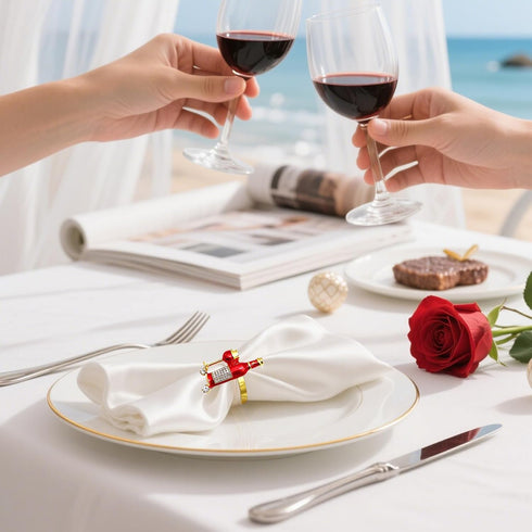 Set 12 Red Wine Bottle Napkin Rings of Sparkly Rhinestone Napkin Ring Holders for Valentine's Day Wedding Bridal Shower