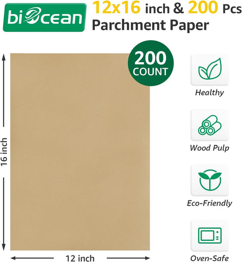 200Pcs 12x16In Unbleached Parchment Paper Sheets Precut Heavy Duty Flat Kitchen Baking Supplies Paper Non-Stick,Non-Toxic Cooking Paper for Air Fryer, Steaming, Oven Make Cup Cake Bread Cookie by biocean