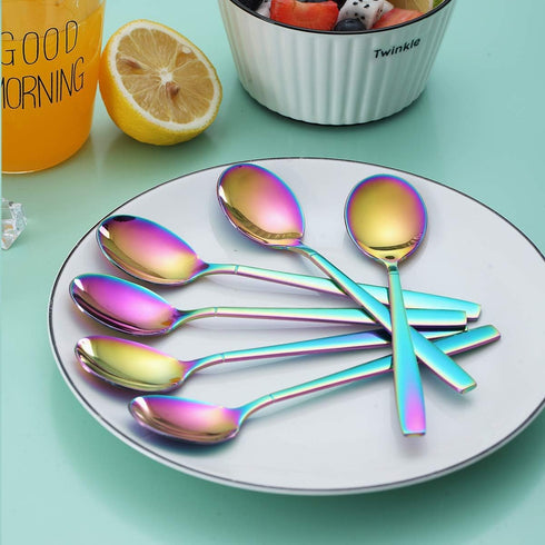 Berglander Rainbow Teaspoon, Stainless Steel Dessert Spoon with Colorful Titanium Plating, 6.5 Inches, Pack of 6