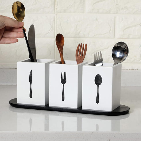 Kathfly 4 Pcs Silverware Caddy Utensil Holder for Countertop, Wood Tray Spoon Fork Holder for Kitchen Parties (White)
