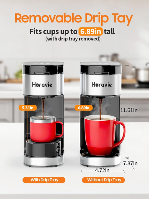 6 14 Oz Horavie Single Serve Coffee Maker, Hot and Iced Coffee Maker for K Cup and Ground, to Brew Sizes Single Cup