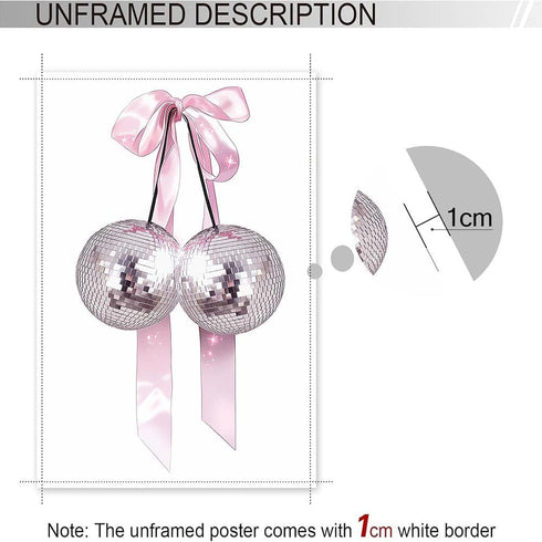 Generic 12x18in Trendy Pink Bow Disco Ball Posters White Cherry Canvas Wall Art Funky Coquette Bow Ribbon Preppy