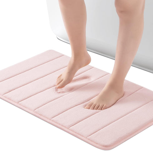 ROSMARUS Memory Foam Bath Mat 17” x 24”, Non Slip Washable Bathroom Rugs, Ultra Soft for Shower, Pink