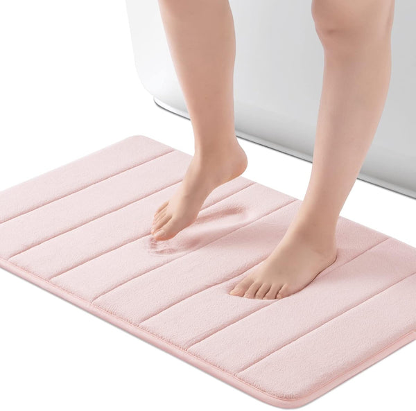 ROSMARUS Memory Foam Bath Mat 17” x 24”, Non Slip Washable Bathroom Rugs, Ultra Soft for Shower, Pink