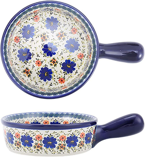 Vintage Style Blue Flowers Pottery Bakeware, Ceramic Casserole Dish, 20 OZ, 1 PCS