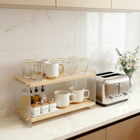 2 15.4" 5.7" 8.2" Coffee Station Organizer Tier, Solid Wood Mug Shelffor Coffee Bar,Matcha Station,Tea Storage - Holds