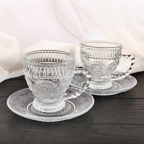 7 Oz Set 6 cosnou Vintage Glass Tea Cups with Saucers, Glass Mugs of Espresso Coffee Embossed Glassware with Handle