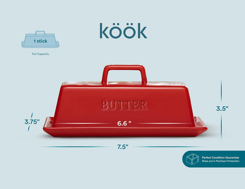 Kook Ceramic Butter Dish with Lid, Red Butter Keeper for Countertop, Holds 1 Stick, Microwave and Dishwasher Safe