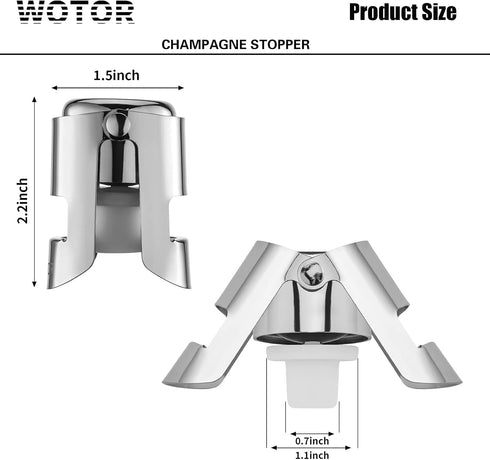Champagne Stoppers with Stainless Steel Bottle Stopper, Food Grade Silicone Reusable Cork for Champagne, 2-Pack (Silver)