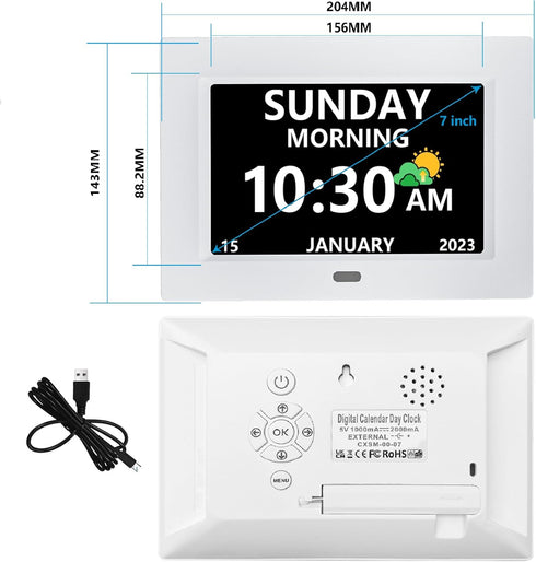 Large Display Digital Clock with Day and Date for Elderly, 7 Inch, 5 Alarm, 3 Medicine Reminders, Dementia Clock, White