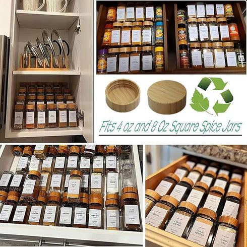 Spice Jar Lids for 4 Oz and 8 Oz Square Spice Jars - Bamboo Jar Lids for Kitchen Organization (16 Pcs)