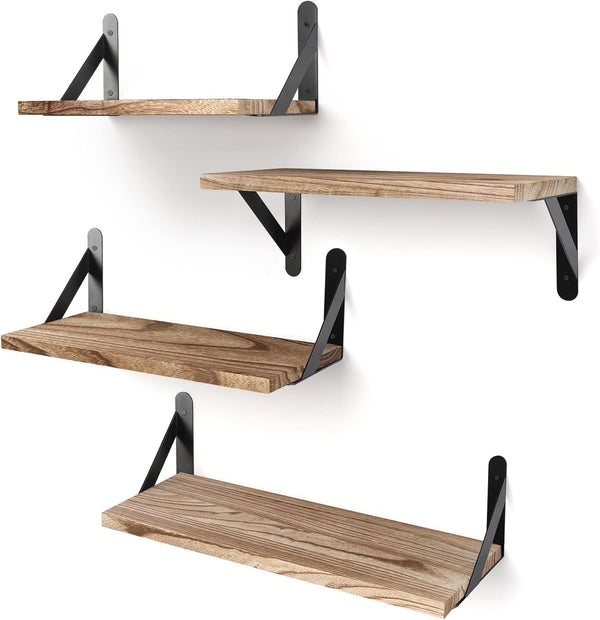 YGEOMER Floating Shelves for Wall, Light Carbonized Brown Wall Mounted Wood Shelf for Home Decor, Set of 4