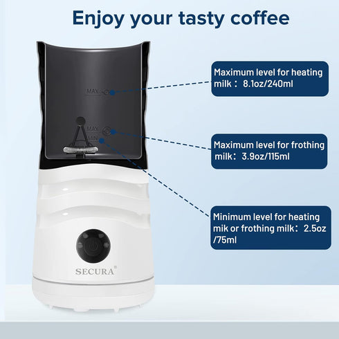 Secura Electric Milk Frother, Automatic Milk Steamer, 4-IN-1 Hot & Cold Foam Maker, 240ml Milk Warmer