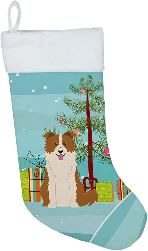 Caroline's Treasures BB4244CS Merry Christmas Tree Border Collie Stocking, Red White Christmas Decor