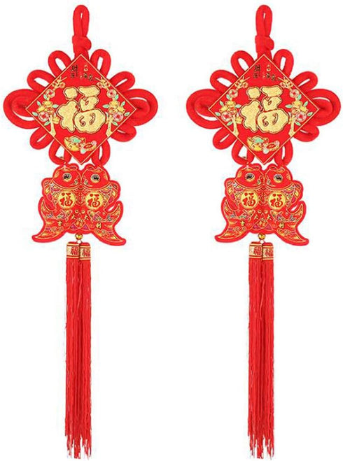 2 Pack Chinese Knot Tassel New Year Decoration, Traditional Red Lucky Pendant Ornaments for Home Decor