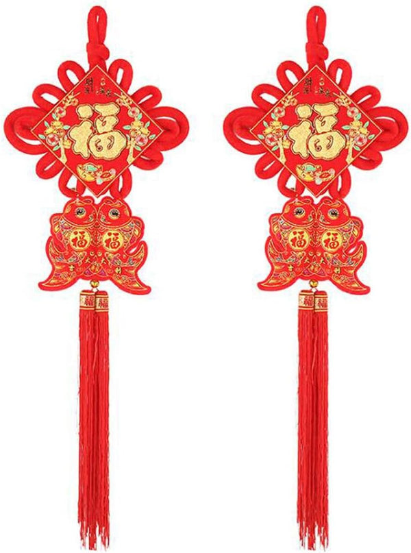 2 Pack Chinese Knot Tassel New Year Decoration, Traditional Red Lucky Pendant Ornaments for Home Decor