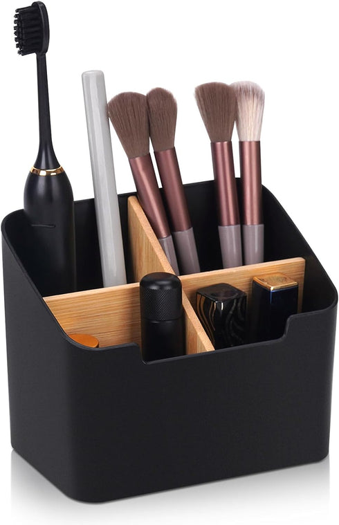 Black Toothbrush Holders for Bathrooms, Electric Toothbrush and Toothpaste Caddy with Bamboo Divider for Countertop