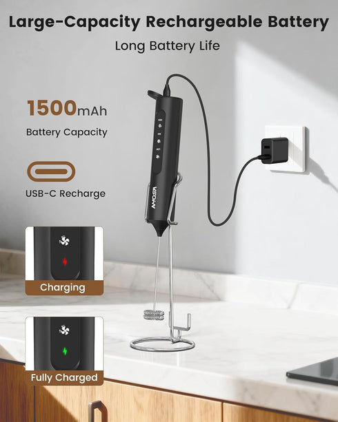 3 3 AMOSA Milk Frother Handheld with Stand, Rechargeable Frother with Speeds & Heads, Travel Frother with Case, Coffee