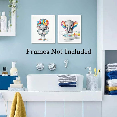 Set, PosteSet 4 (8"X10", TANXM Kids Bathroom Art Funny Elephant Calf Bathroom Toilet Wall Decor, Baby Elephant Bathroom