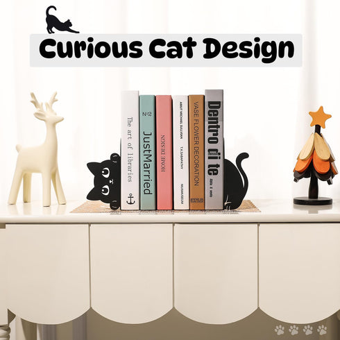 Cenjeery Set 2 Peeking Cat Metal Bookends of with Wider Base, Cute Decorative Book Ends for Shelves Bookshelf Office