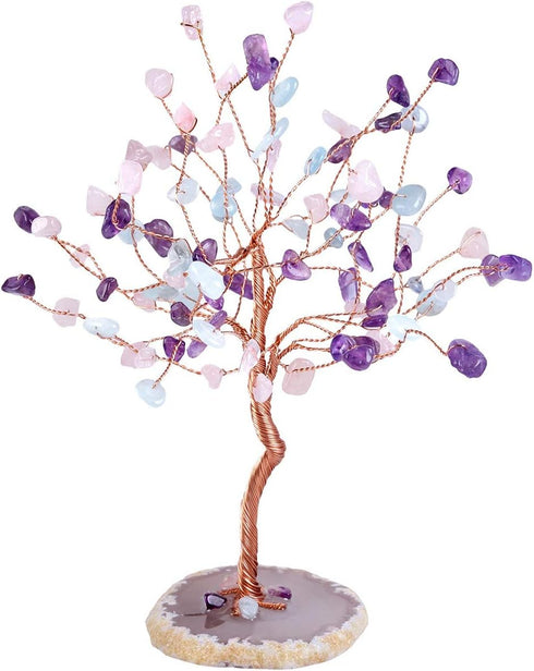 SUNYIK Handmade Crystal Money Tree Set - Amethyst/Rose Quartz/Aquamarine on Natural Agate Slice Base for Wealth and Luck