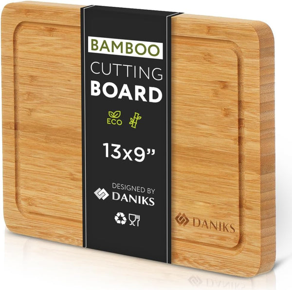 Daniks 100% Organic Bamboo Cutting Board, Heavy Duty Wood Chopping Board, Extra-Thick for Serving, 13x9"