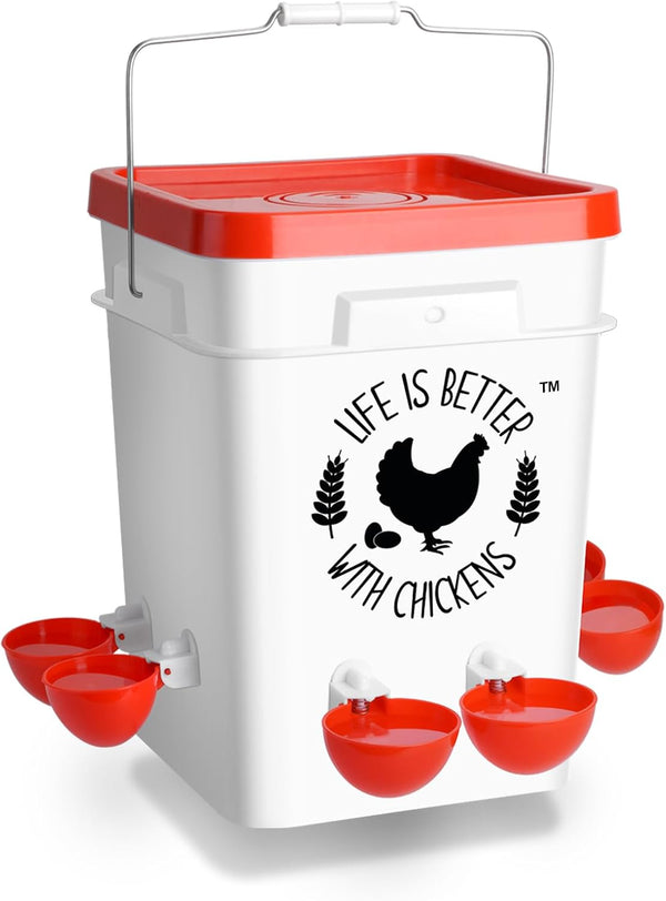 Tgeyd Chicken Waterer 5 Gallon, with 6 Enlarge Automatic Water Cups, Large
