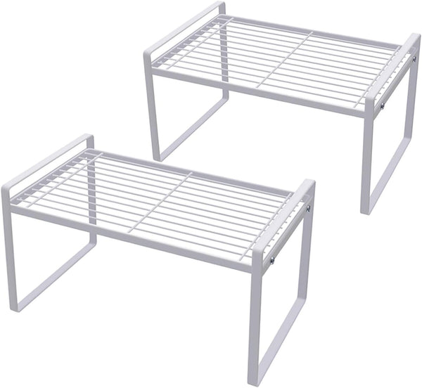 Kitchen Cabinet Shelf Organizer Rack, 2 Pack, Pantry Storage, Bathroom Bedroom Office Table Desk Space Saving, Steel