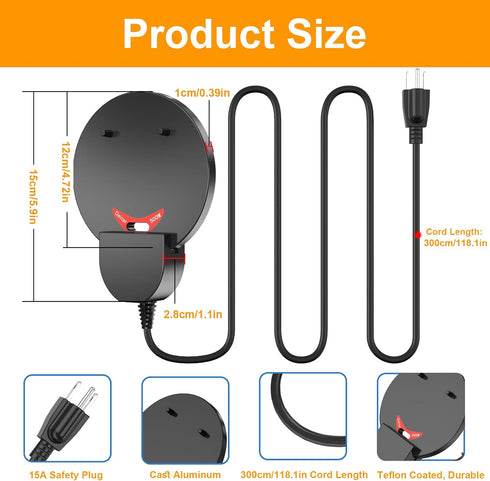 250W Chicken Water Heater w/Thermostat, Aluminum Cast Bird Bath Heater & Pond Deicer, Winter Trough Heater for Poultry