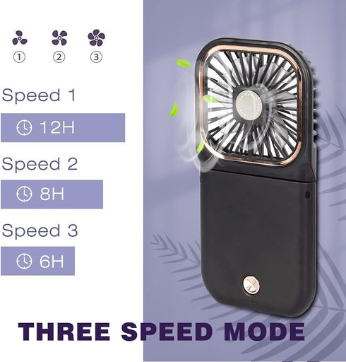 Portable Mini Fan - 5 in 1 with Power Bank, Phone Holder, Handheld & Desk Fan, USB Rechargeable, Black