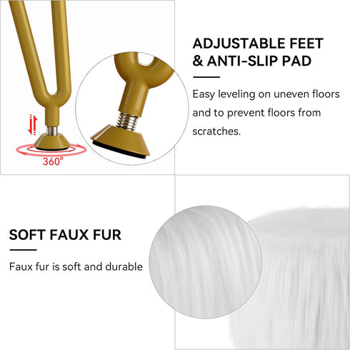 4 Vanity Stool Chair with Storage, Faux Fur Makeup Room Seat Stool, Soft Padded Seat, Round Footrest Footstools