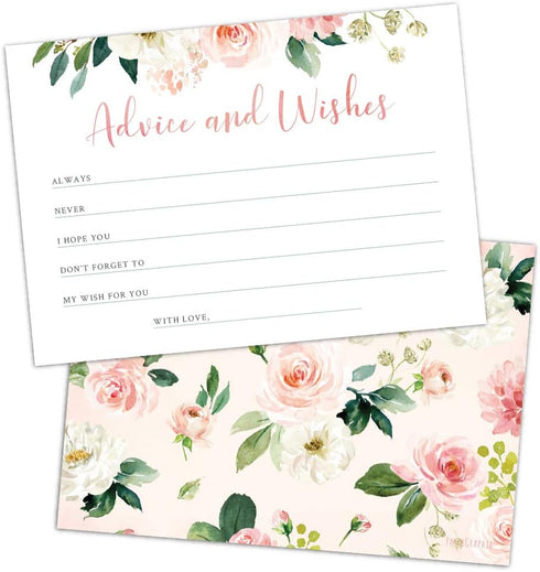 Set of 50 Double Sided Floral Advice and Wishes Cards for Bridal Shower, Baby Shower, Wedding, Graduation, and