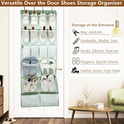 Over the Door Organizer with 4 Kinds of Pockets, Hanging Holder Rack for Shoes, Socks, Toys, Green